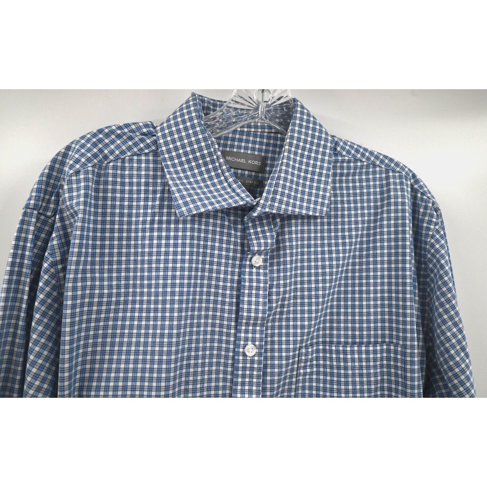 Michael Kors Regular Fit Stretch 16 1/2 34/35 Blue Check Plaid Button Up Shirt L